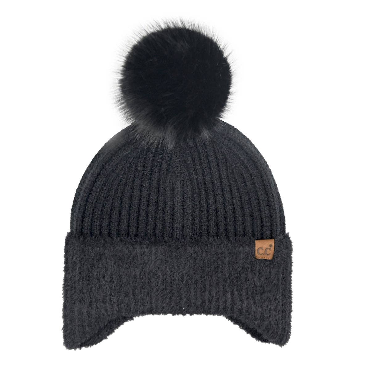 Fur Earflap Pom HTE0108: Black