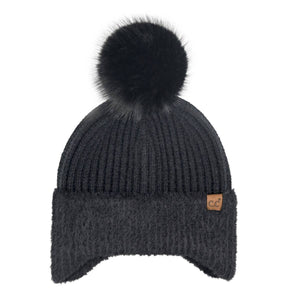 Fur Earflap Pom HTE0108: Black