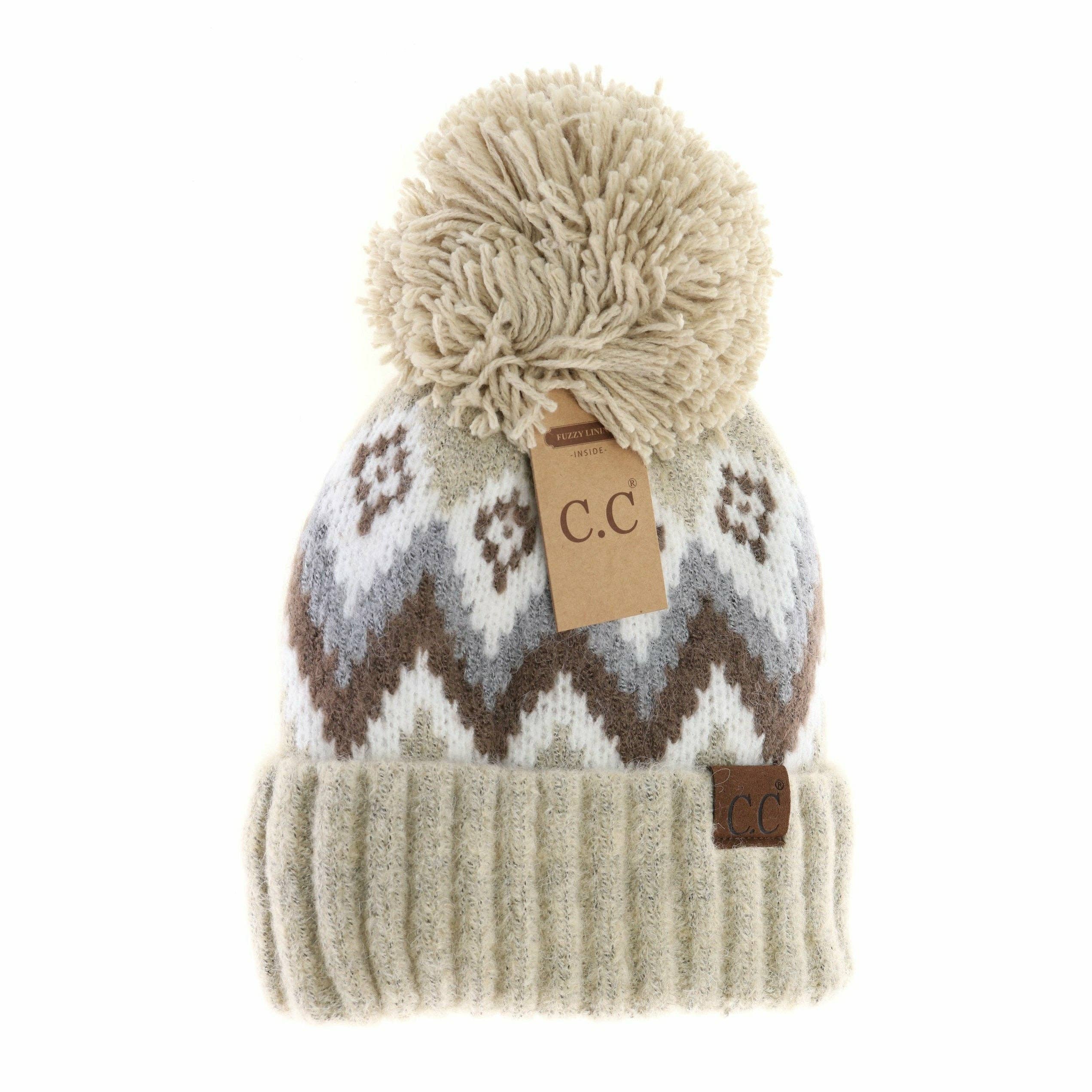 Aztec Chevron Knit Pom C.C Beanie HAT3816: Black