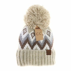 Aztec Chevron Knit Pom C.C Beanie HAT3816: Black