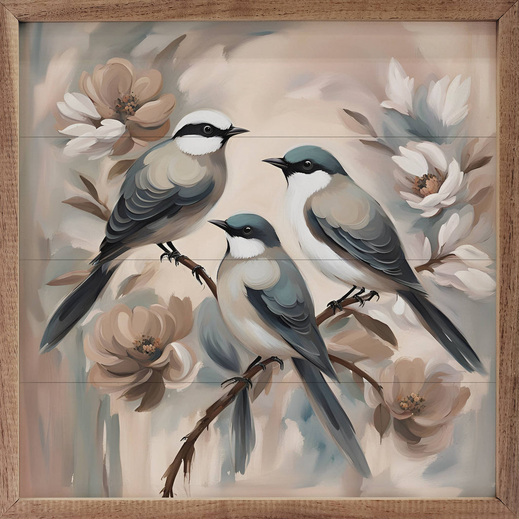 Three Birds On Floral Branch: 8 x 8 x 1.5