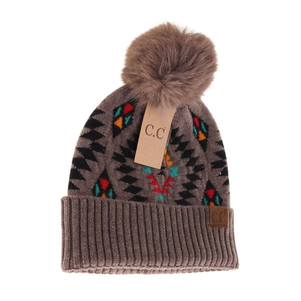 Aztec Patterned Faux Fur Pom C.C Beanie HAT3001: Taupe