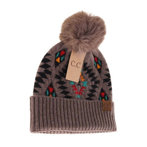Aztec Patterned Faux Fur Pom C.C Beanie HAT3001: Taupe