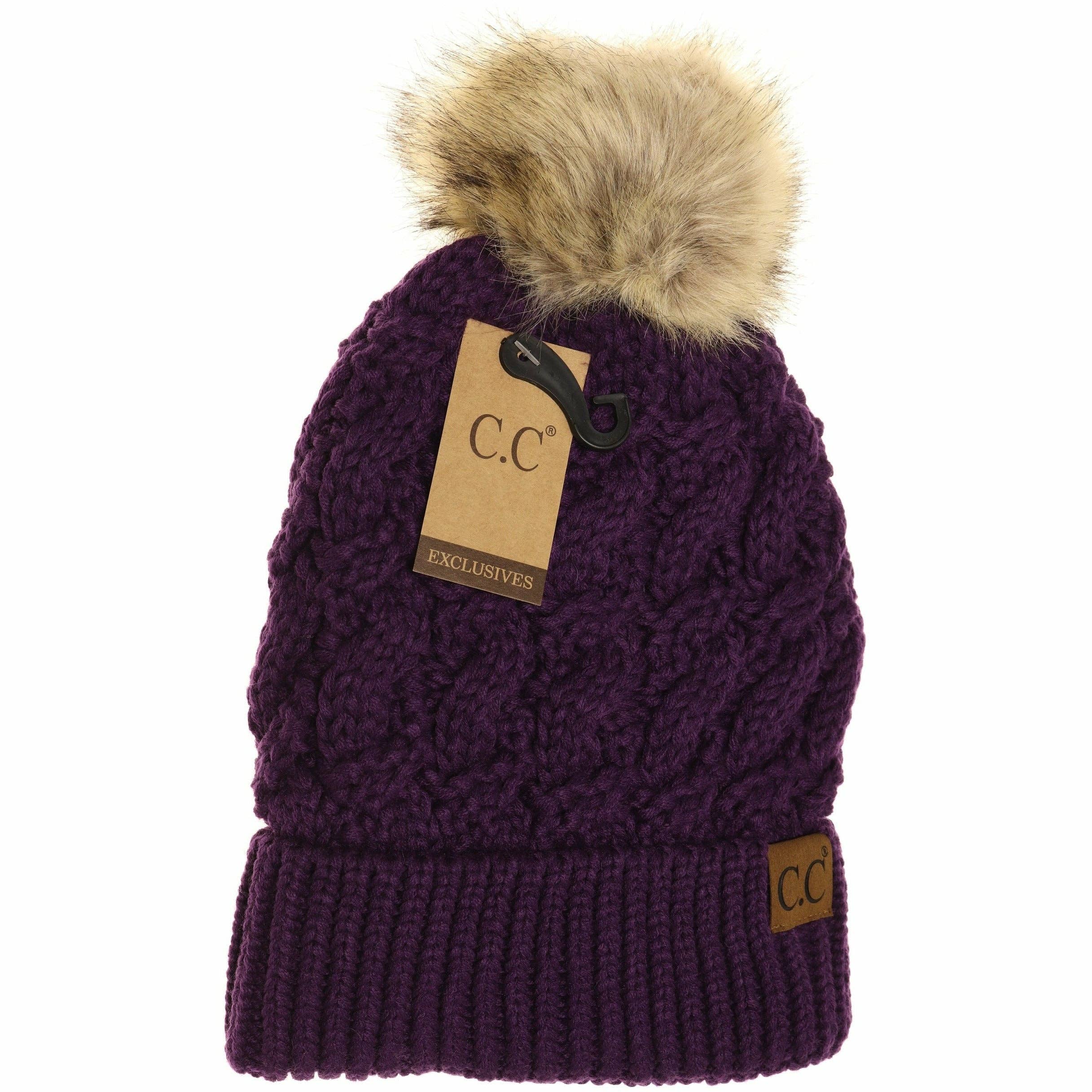Ribbed Cable Knit Fur Pom Beanie YJ2021: Lt. Grey