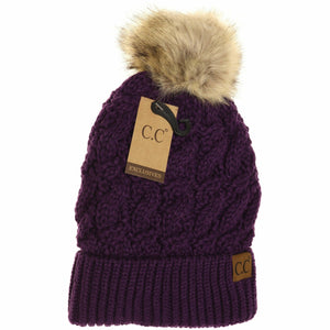 Ribbed Cable Knit Fur Pom Beanie YJ2021: Lt. Grey