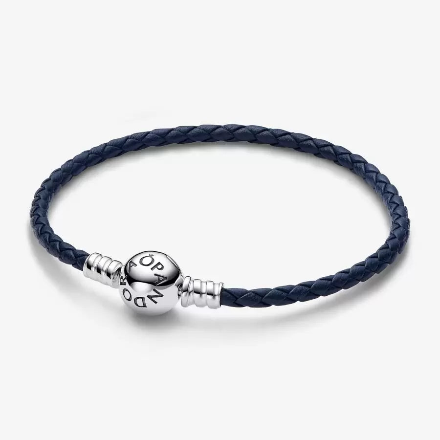 Round Clasp Blue Braided Leather Bracelet - Pandora - 592790C01