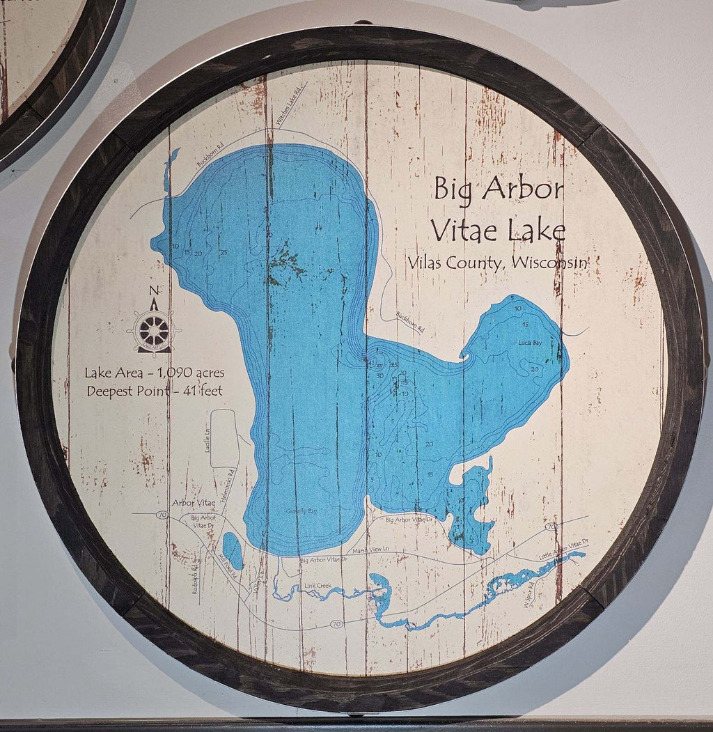 Big Arbor Vitae Lake (Vilas County, WI) - Barrel End Style Lake Art - 23" Round