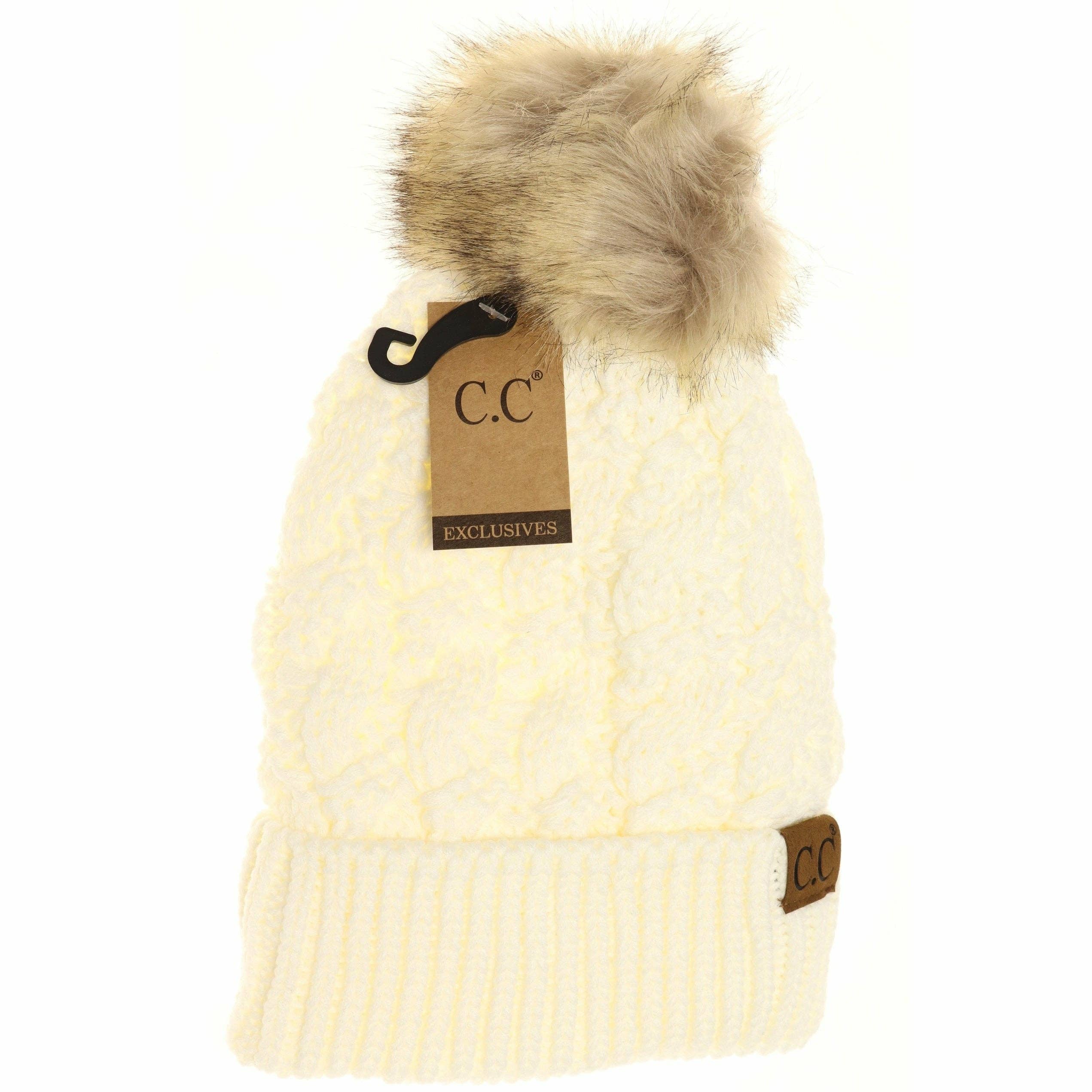 Ribbed Cable Knit Fur Pom Beanie YJ2021: Lt. Grey