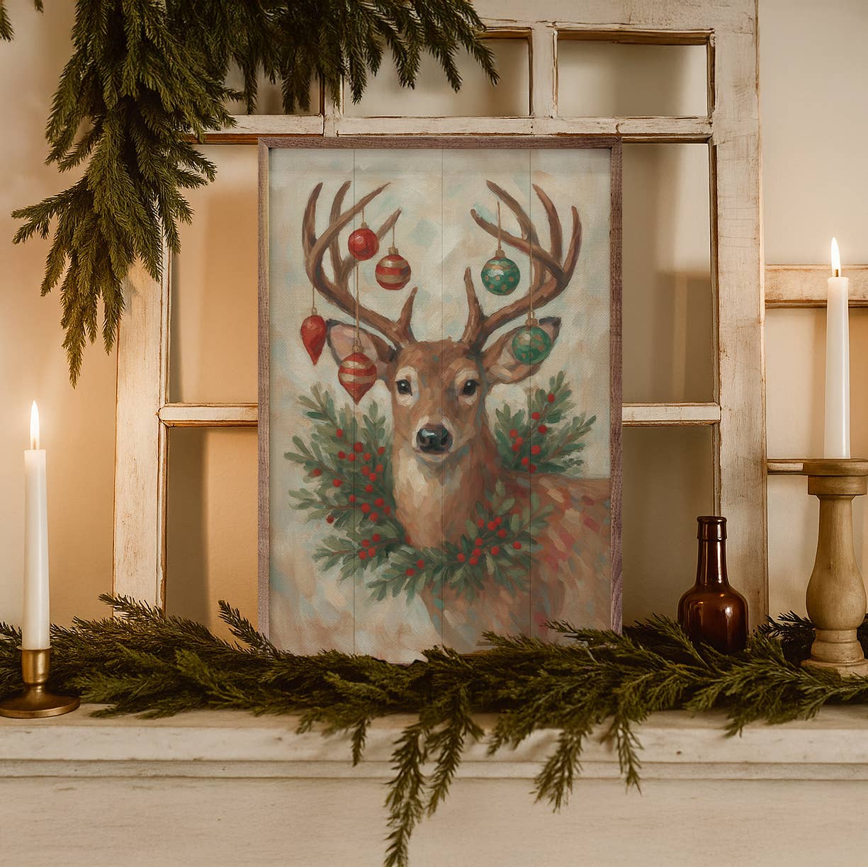Christmas Whitetail Deer With Wreath: 16x24
