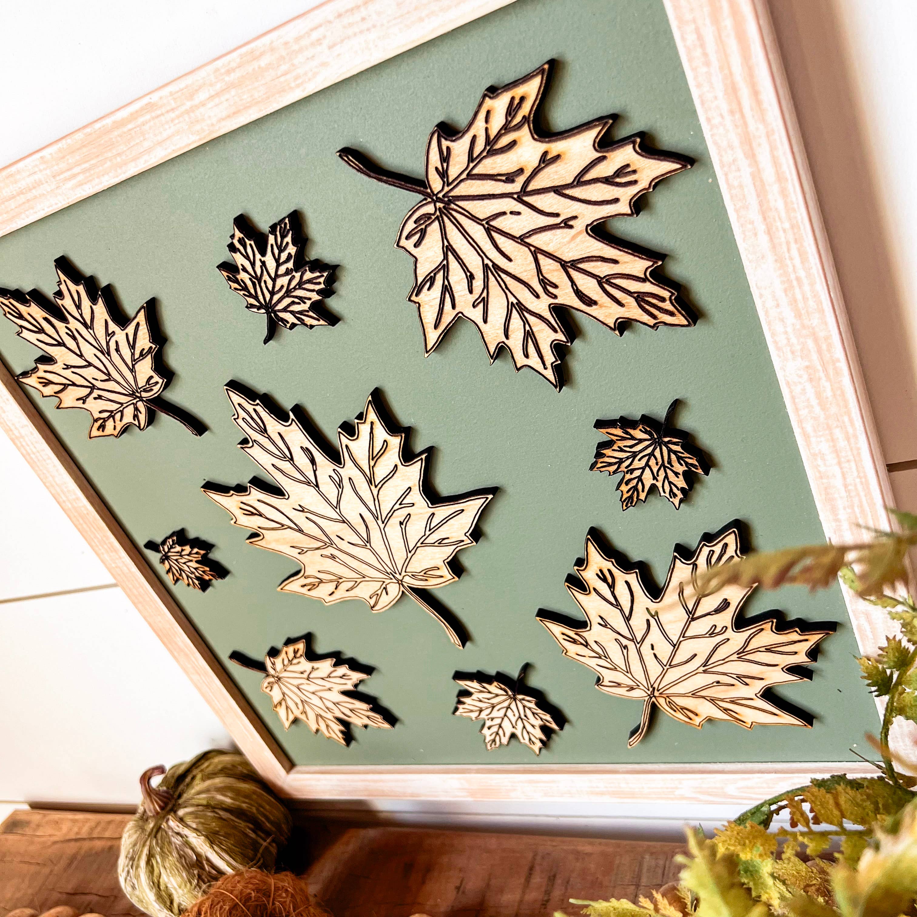 Fall Leaf Laser Cut Wood Sign - Square: Light Frame / 16x16 inches