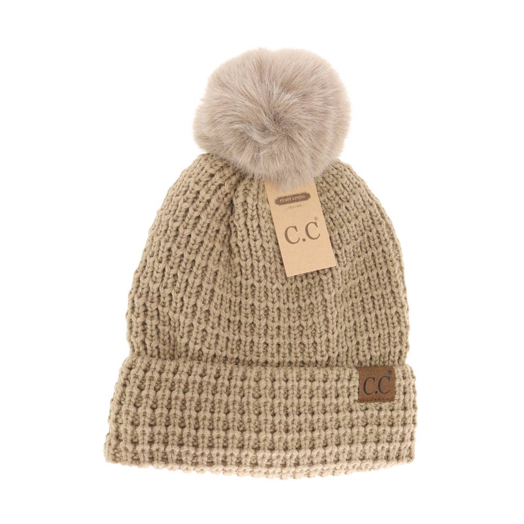 Waffle Knit Faux Fur Pom C.C Beanie HTE0032: Rose