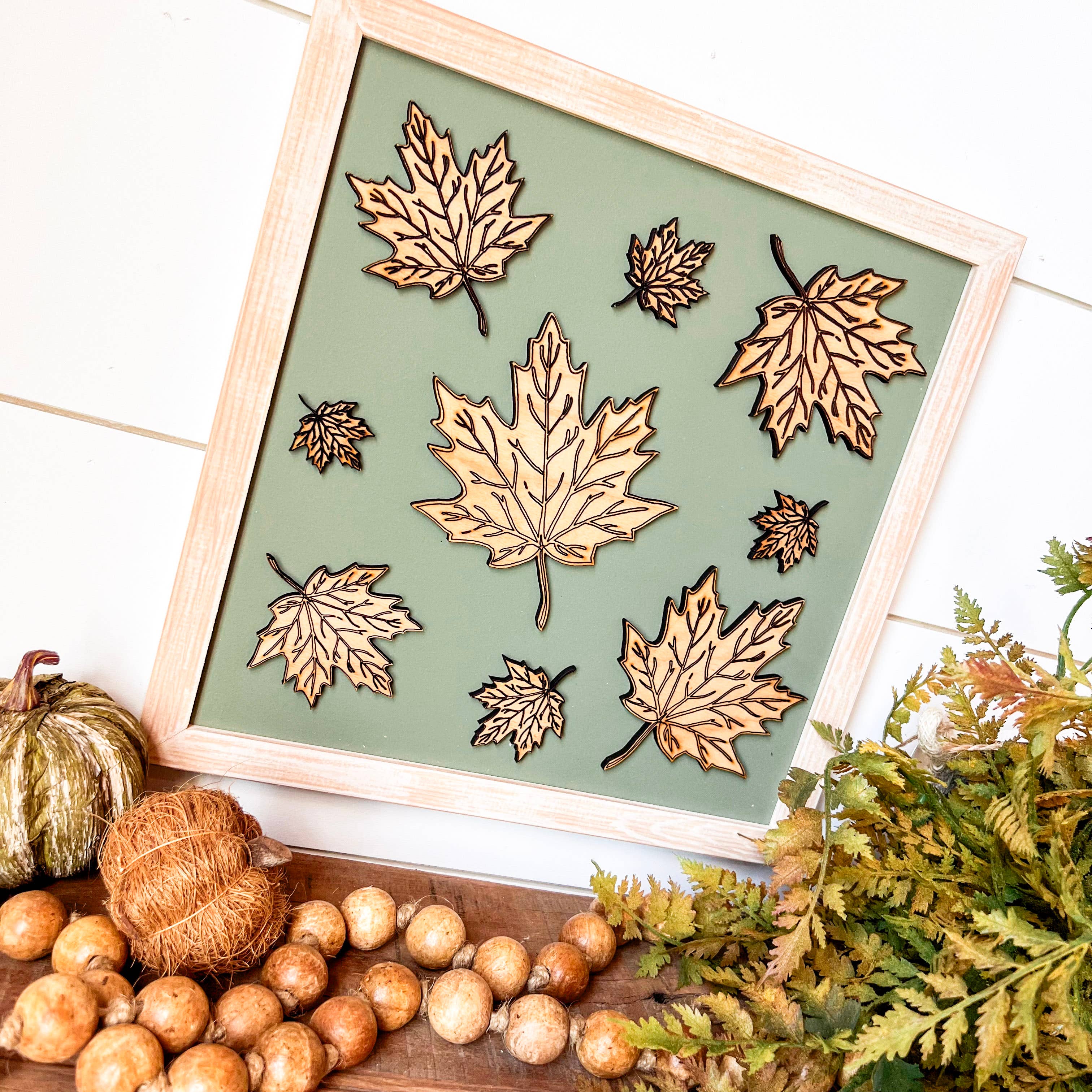 Fall Leaf Laser Cut Wood Sign - Square: Light Frame / 16x16 inches