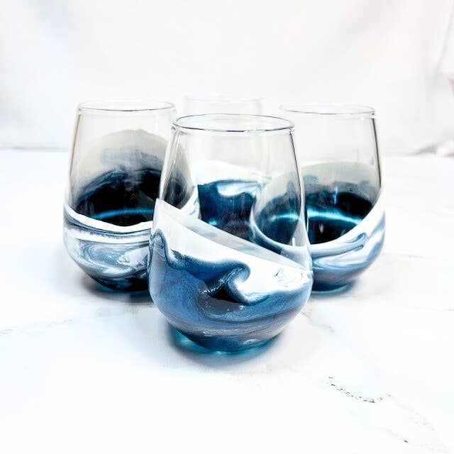 Resin Coated Entertaining Glasses (Set of 4): Navy White Metallic