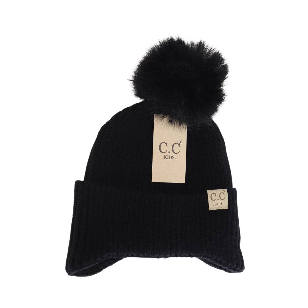 KIDS Ear Flap Double Pom C.C Beanie KDHTC0078: NEW-Sage