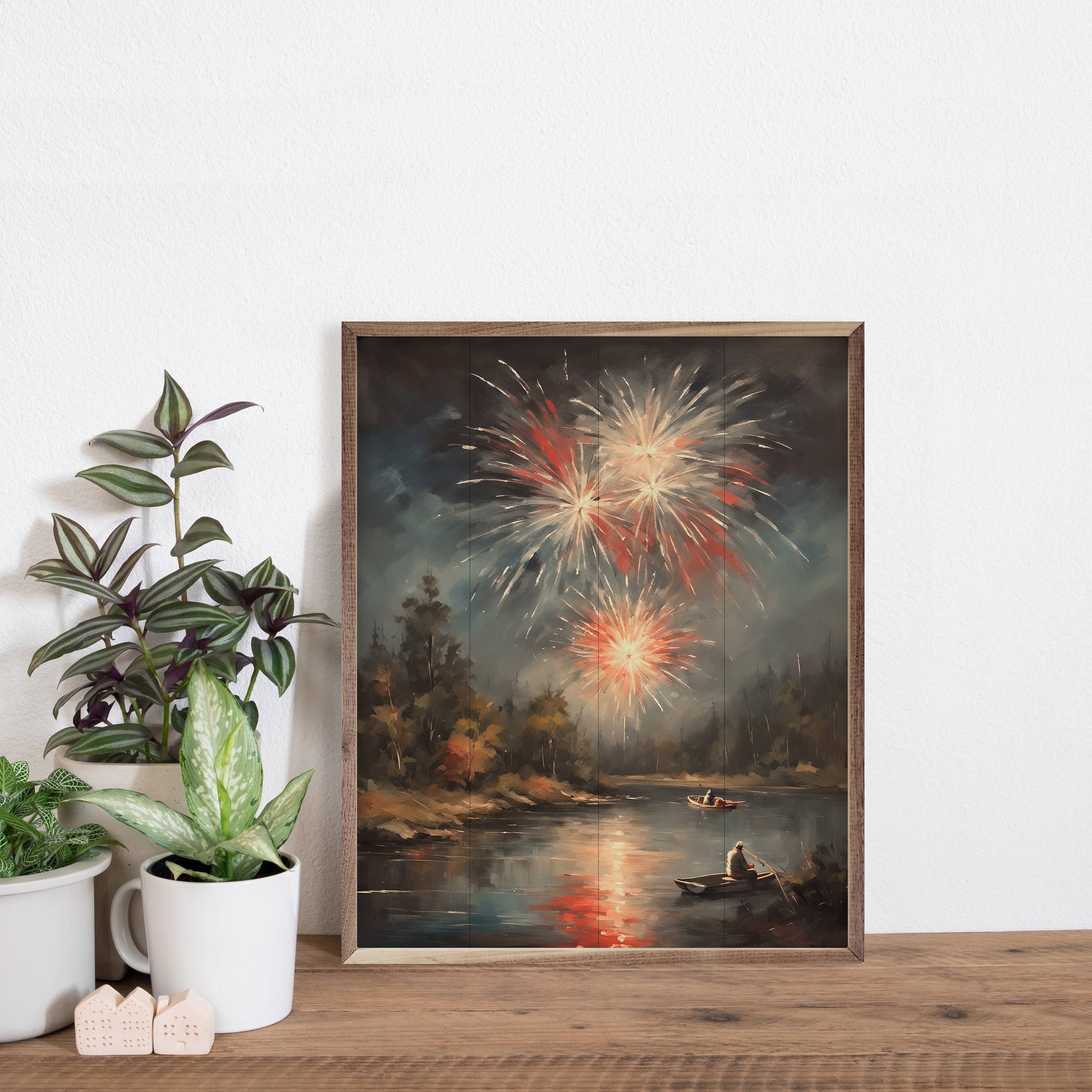 Fireworks North Over Lake: 16 x 20 x 1.5