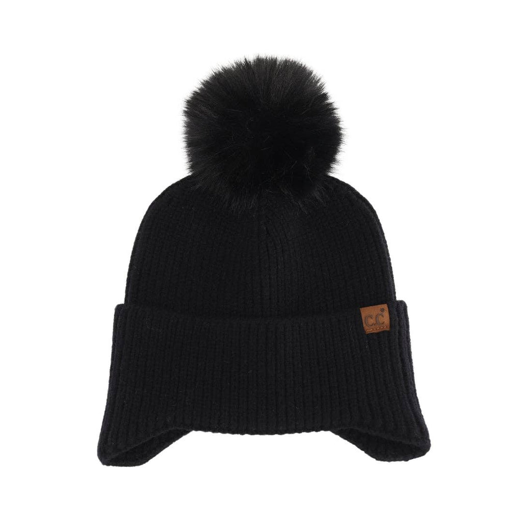 Earflap C.C Faux Fur Pom Beanie HTC0078: Black