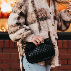 Woven Willow Camera Crossbody Bag: Checkered Brown