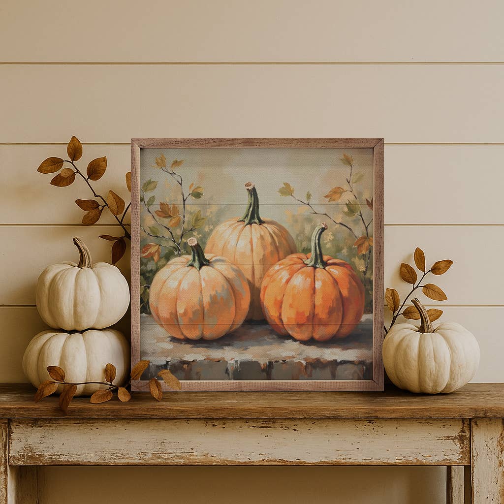 Pumpkin Trio On Bench: 8x8