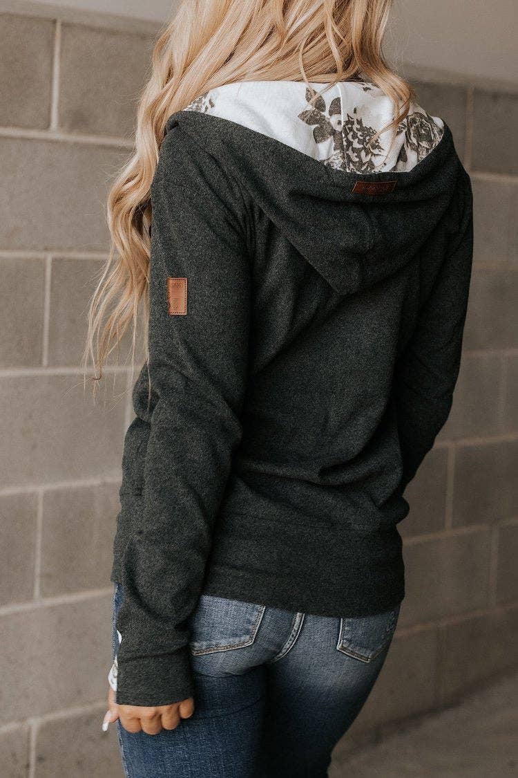 FullZip Sweatshirt hoodie, dark gray with floral accent in hood all I need