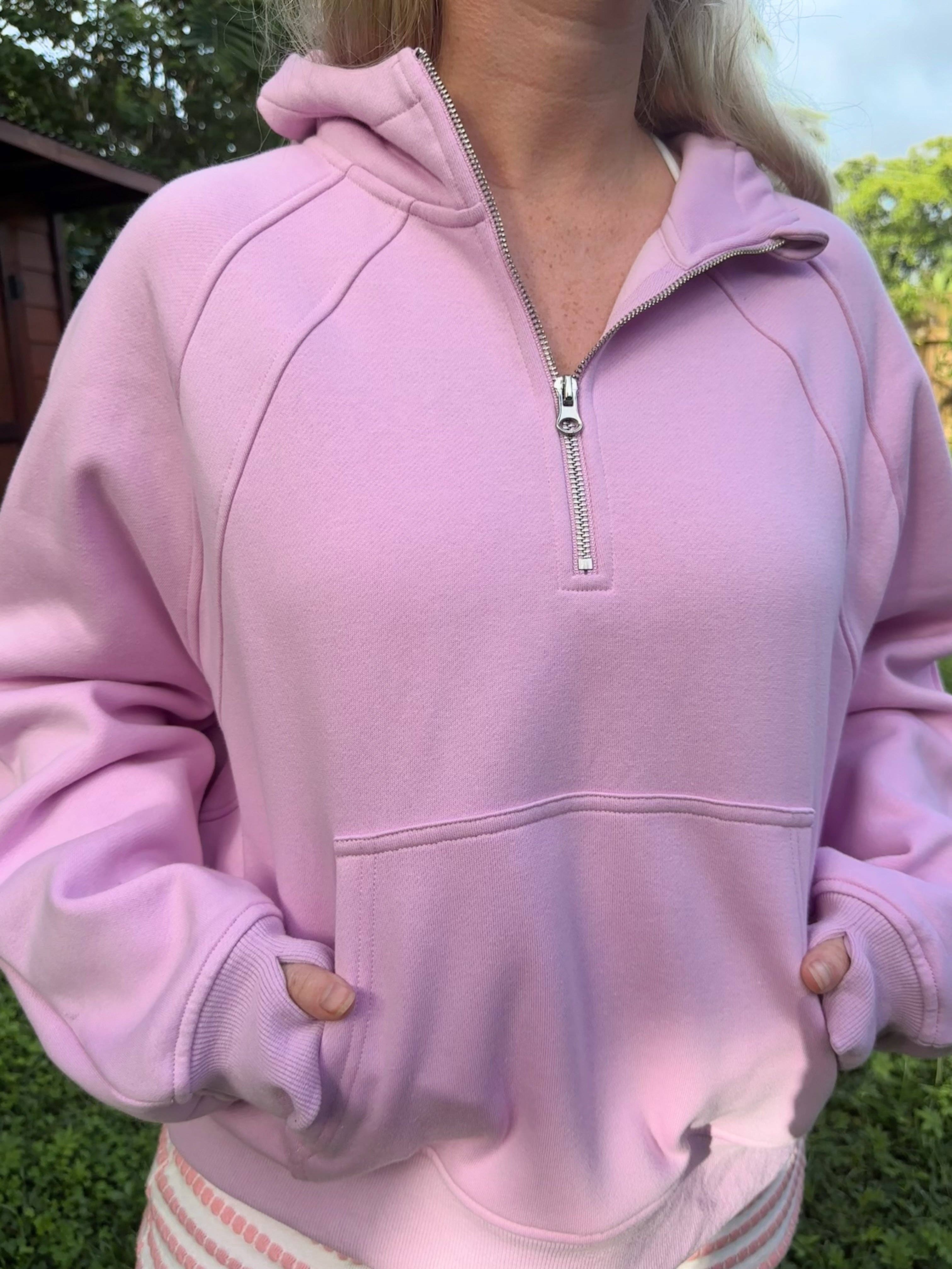 Pink Lavender  Pilates Detailed Waist Length Quarter Zip Hoodie:  Pink Lavender