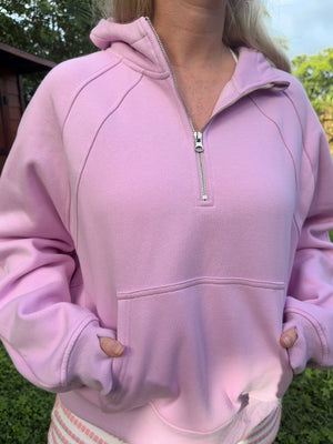 Pink Lavender  Pilates Detailed Waist Length Quarter Zip Hoodie:  Pink Lavender