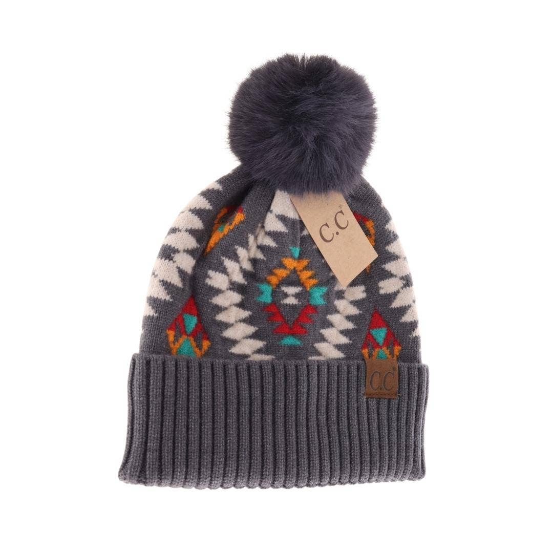 Aztec Patterned Faux Fur Pom C.C Beanie HAT3001: Taupe