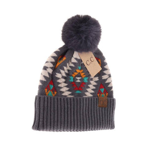 Aztec Patterned Faux Fur Pom C.C Beanie HAT3001: Taupe