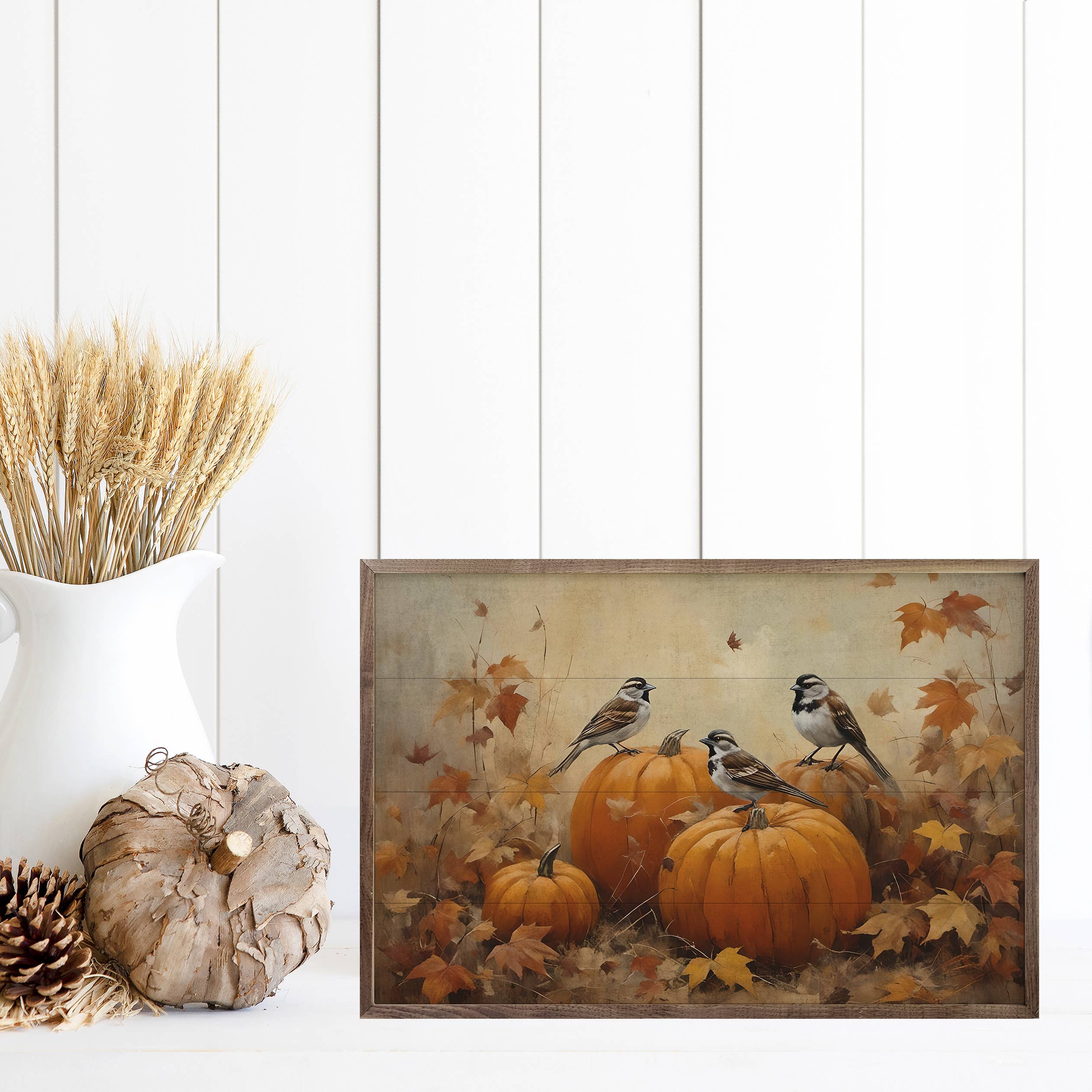 Sparrows On Pumpkins: 16 x 10 x 1.5