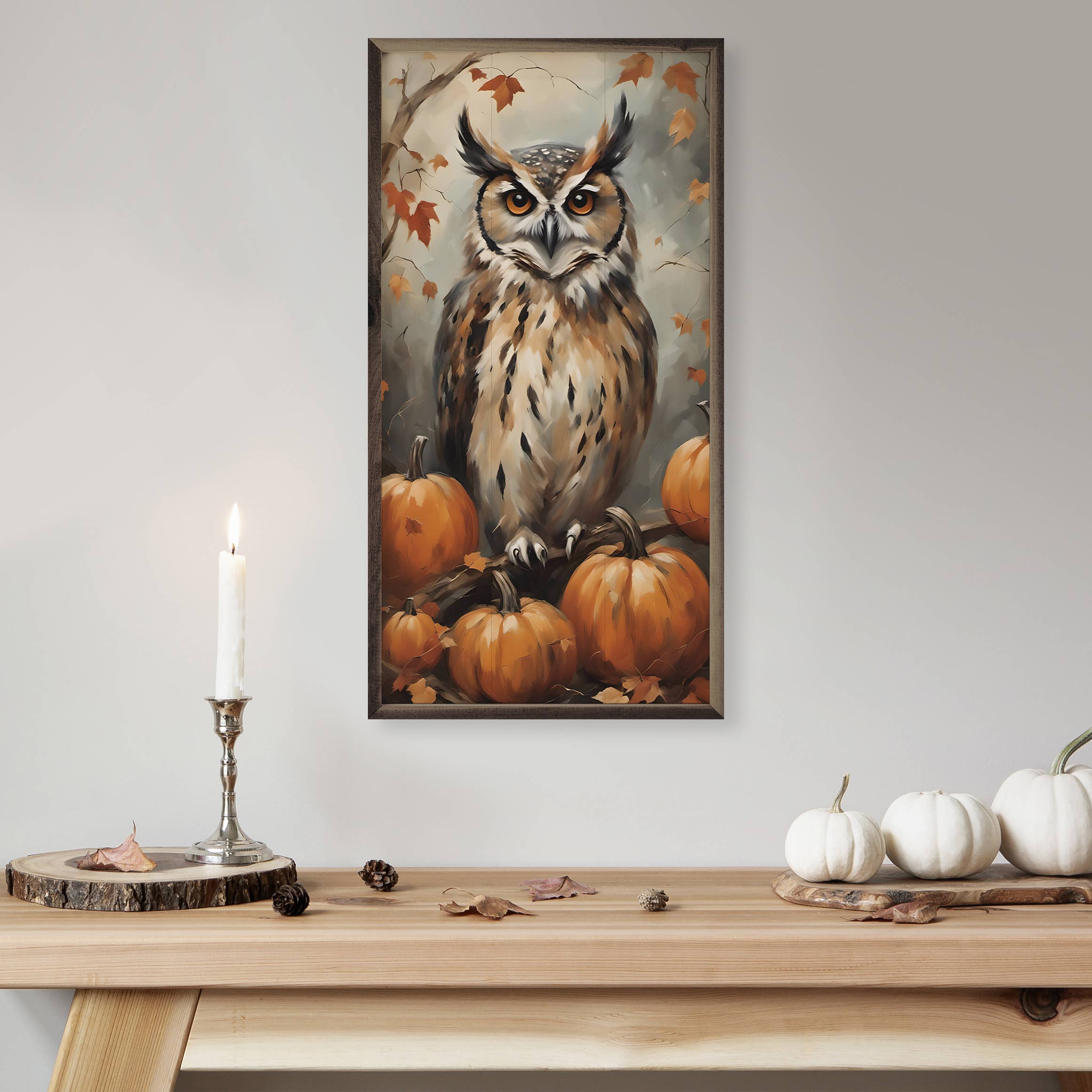 Owl With Pumpkins: 8 x 16 x 1.5