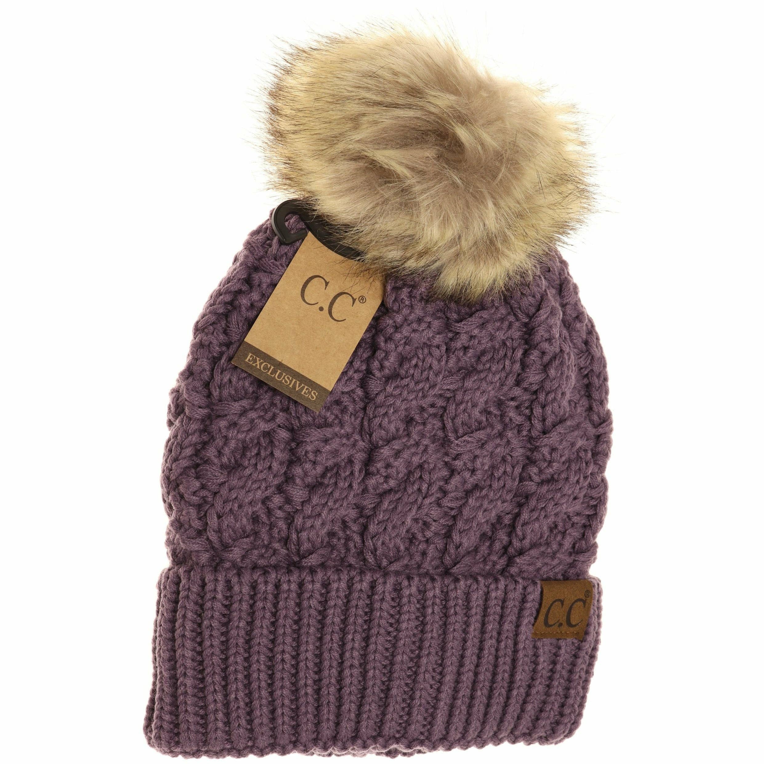 Ribbed Cable Knit Fur Pom Beanie YJ2021: Lt. Grey