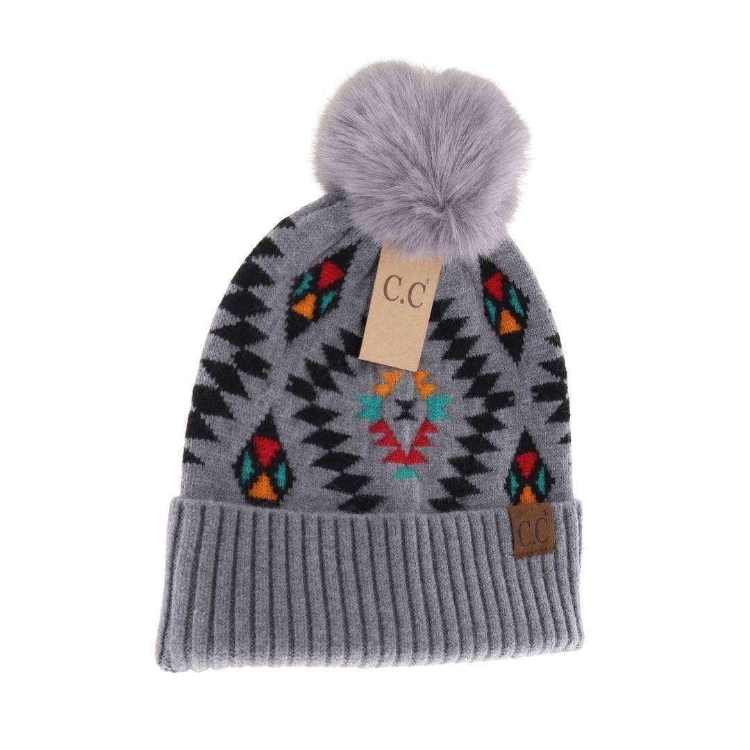 Aztec Patterned Faux Fur Pom C.C Beanie HAT3001: Taupe