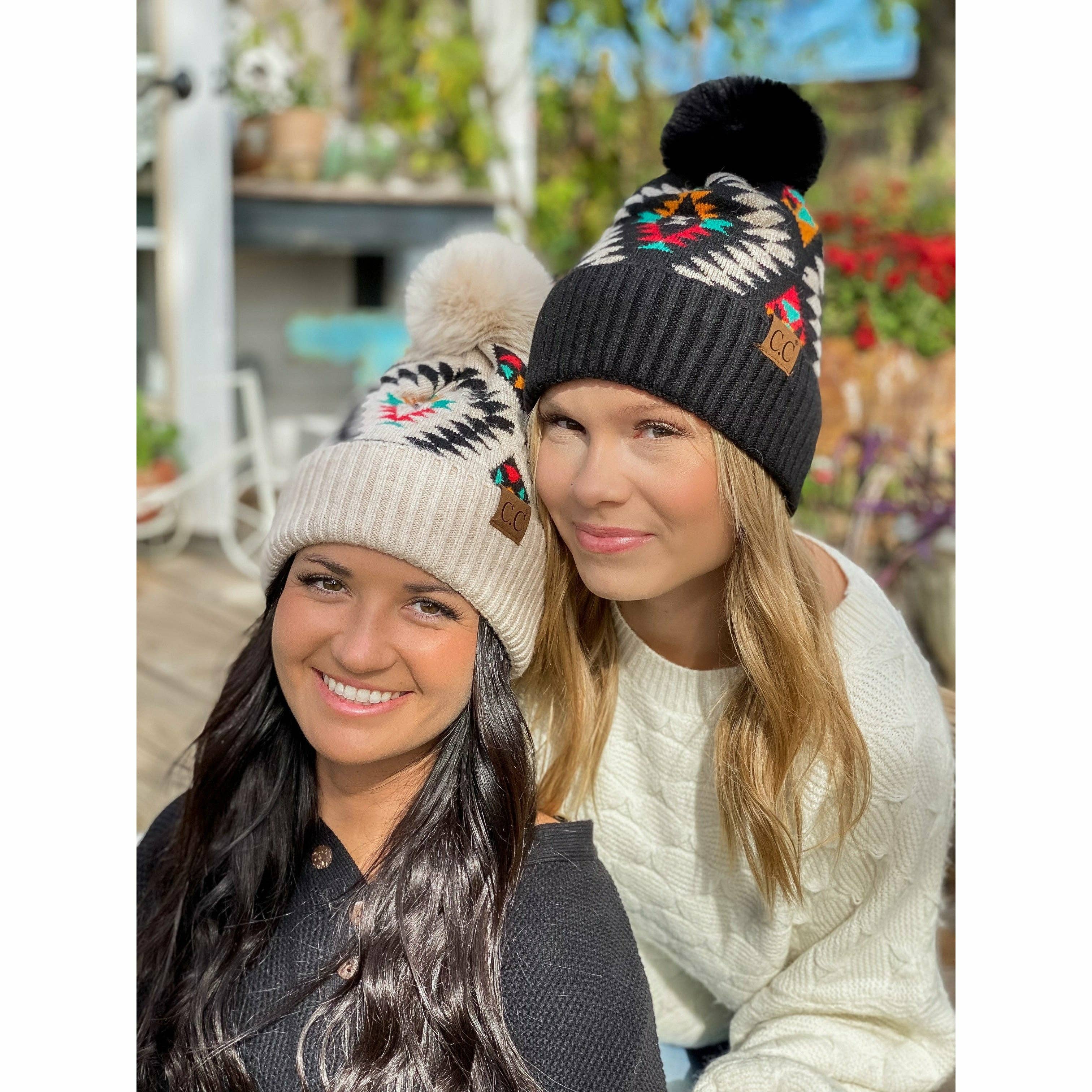 Aztec Patterned Faux Fur Pom C.C Beanie HAT3001: Taupe