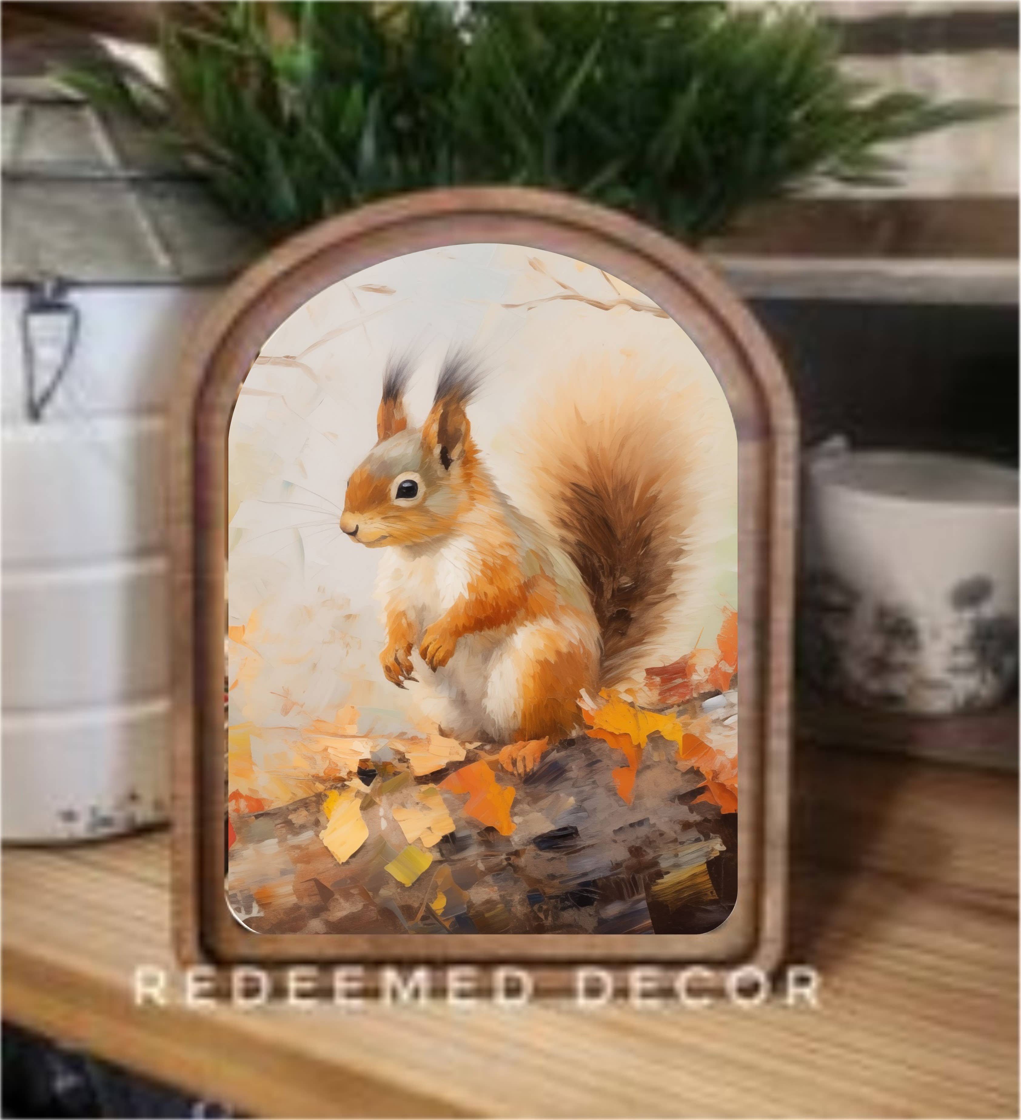 Arch Top Fall Squirrel Framed Art   : 6x8"
