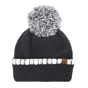 Neutral Horizontal Stripe Cuffed C.C Pom Beanie HTE0121: Black