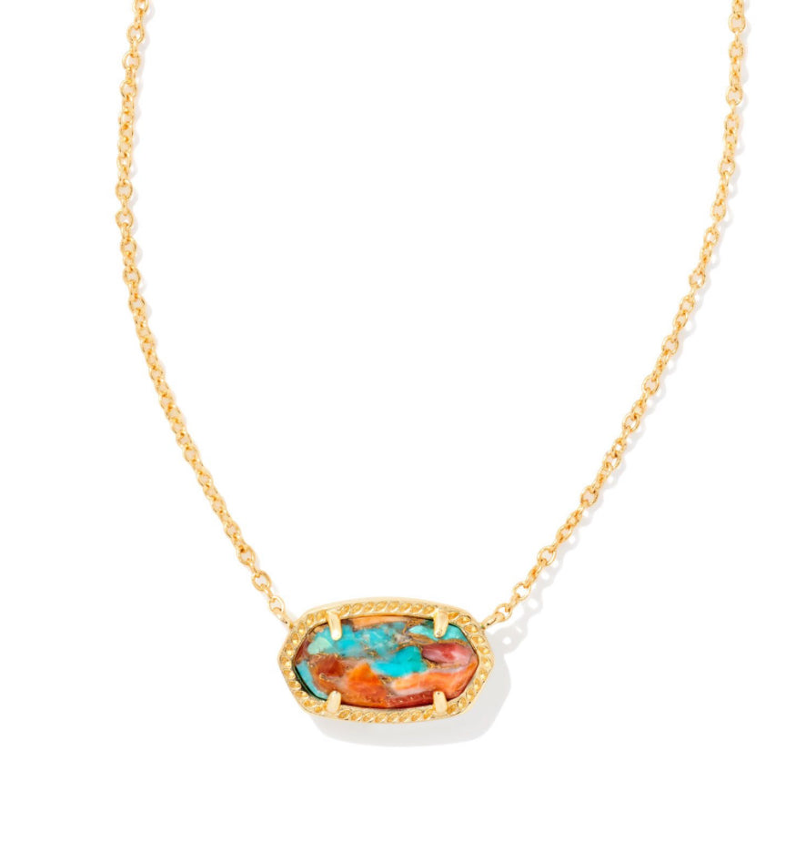 ELISA SHORT PENDANT NECKLACE GOLD TONE WITH GOLD BRONZE VEINED TURQUOISE MAGNESITE RED OYSTER - KENDRA SCOTT