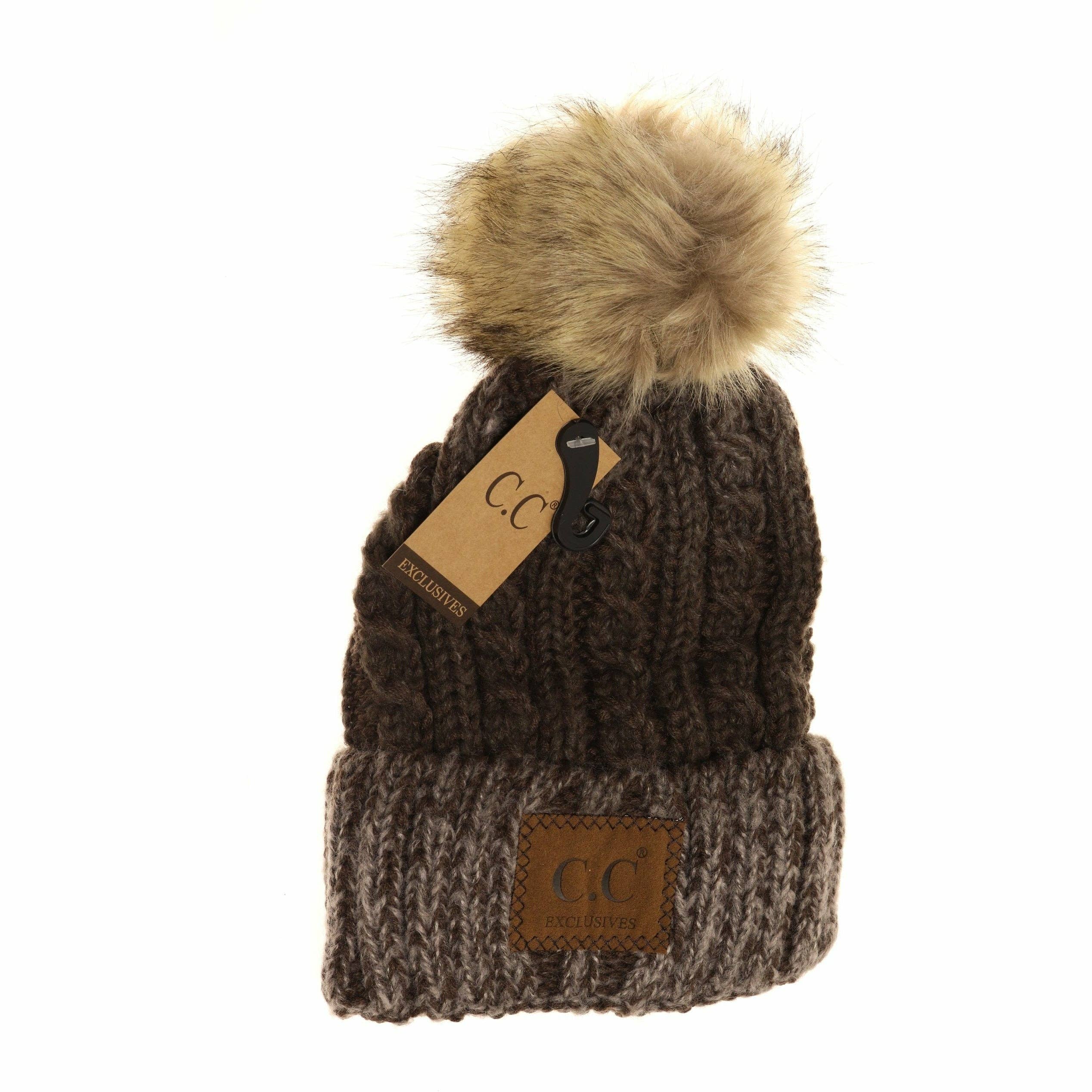 Two-Tone Ombre Vintage Faux Fur Pom Beanie YJ2032: Black