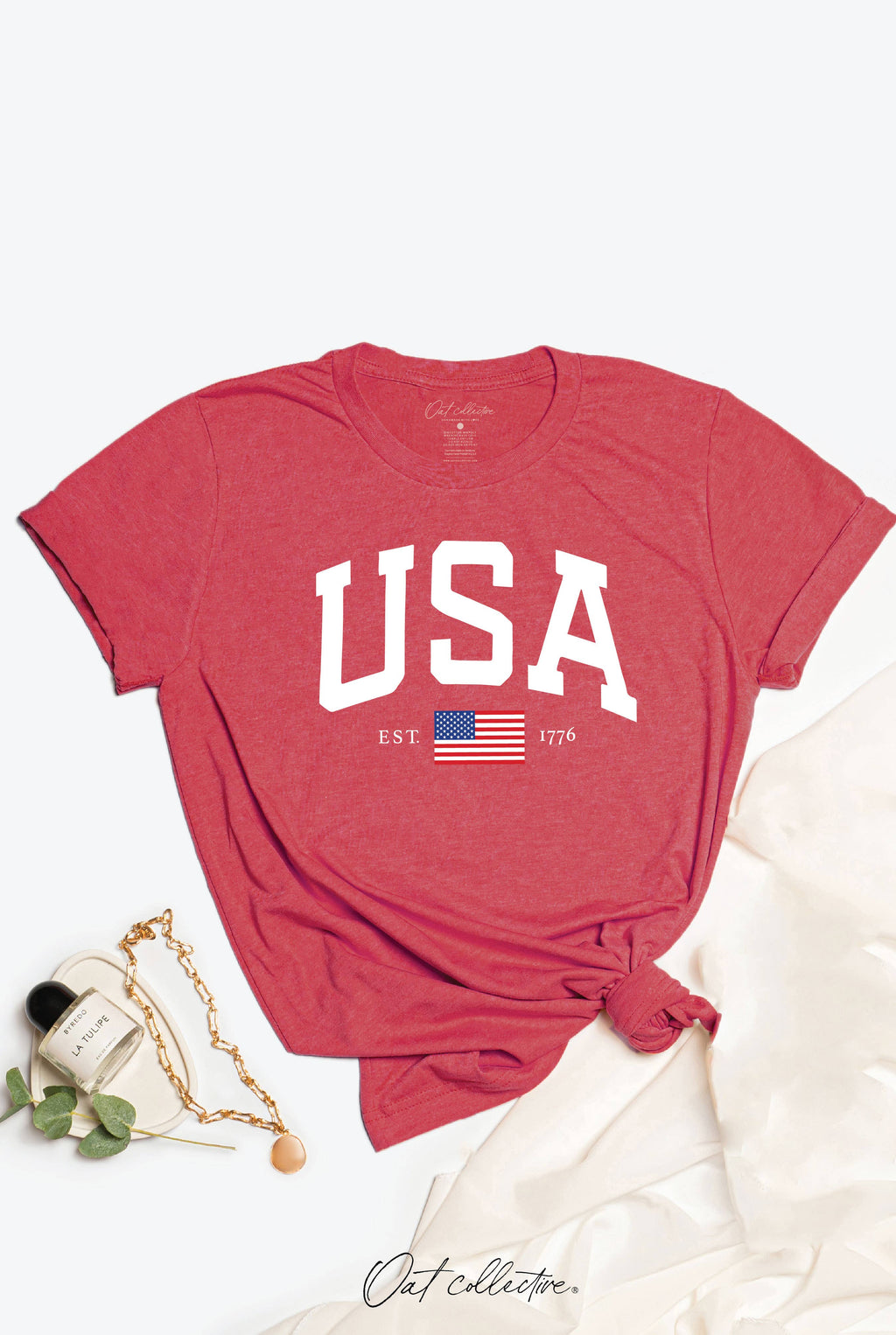 USA EST.1776 Graphic T-shirt: HEATHER RED