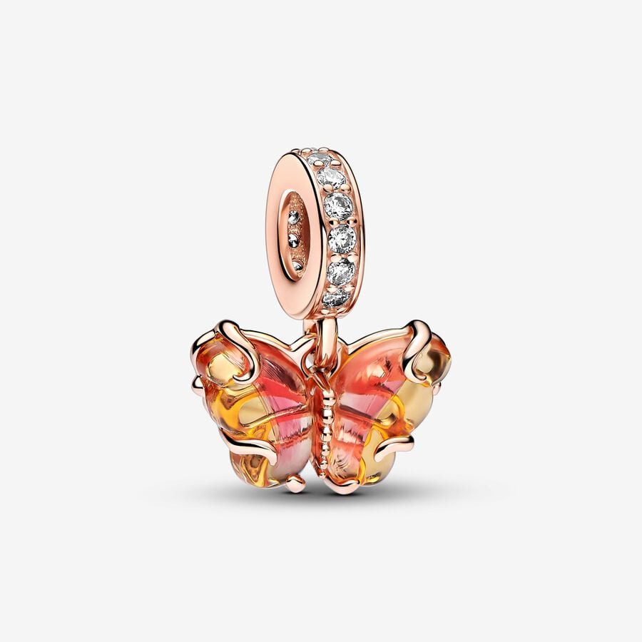 Pink & Yellow Murano Glass Butterfly Dangle Charm - Pandora - 782698C01