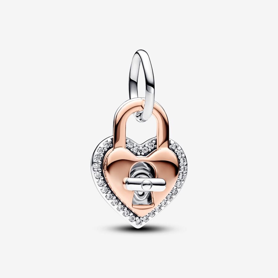 Two-tone Twistable Heart Padlock Double Dangle Charm - Pandora - 783079C01