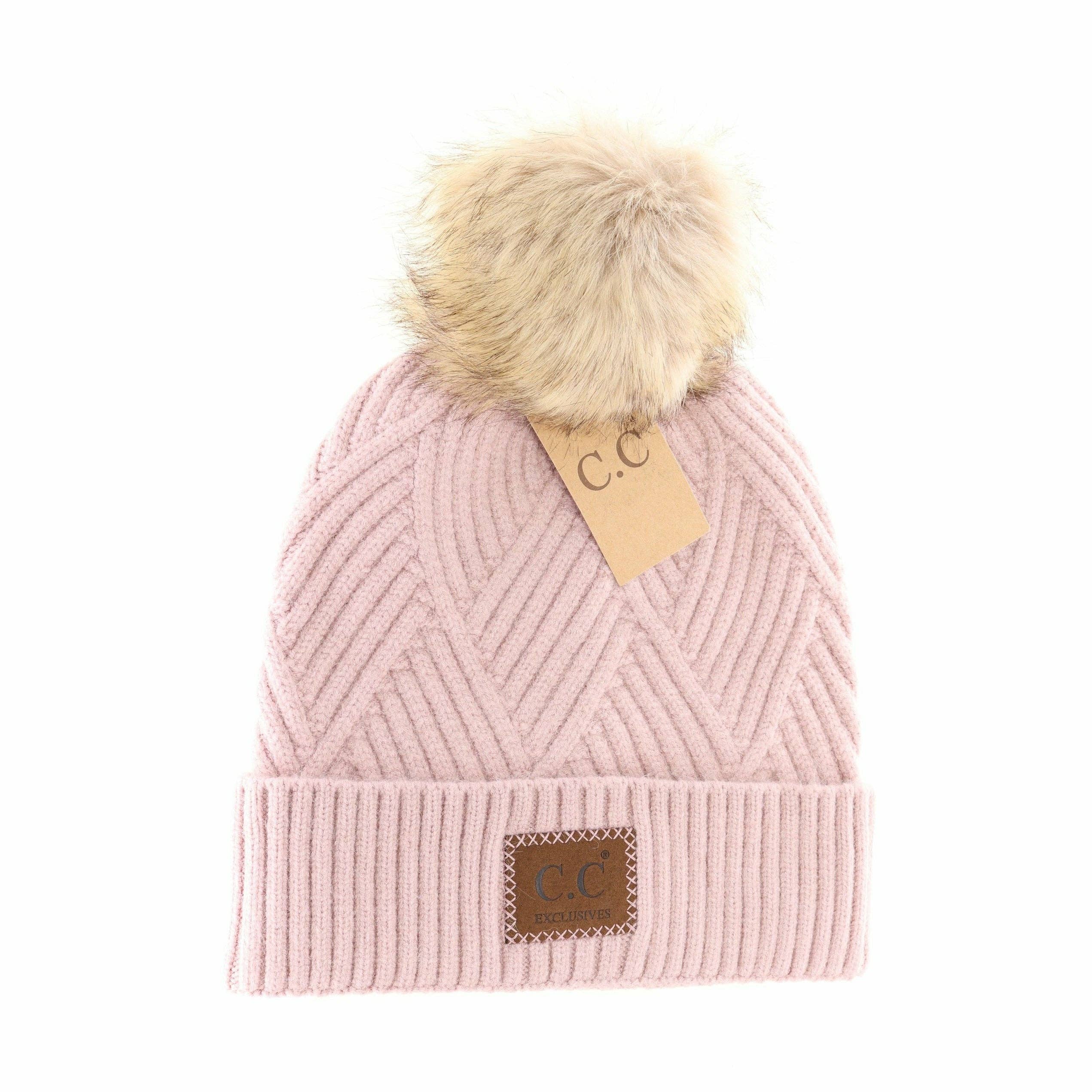 Large Patch Heathered Pom Beanie HAT2060: Dusty Rose