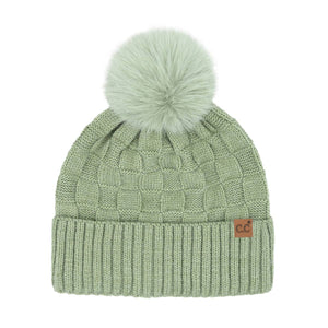 Woven Checkered Texture Pom C.C Beanie HTC0094: Beige