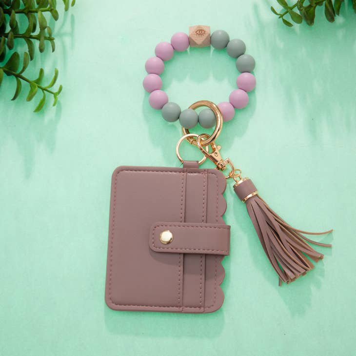 Silicone Beaded Tassel Bracelet Wristlet w/ Card Holder- Taupe