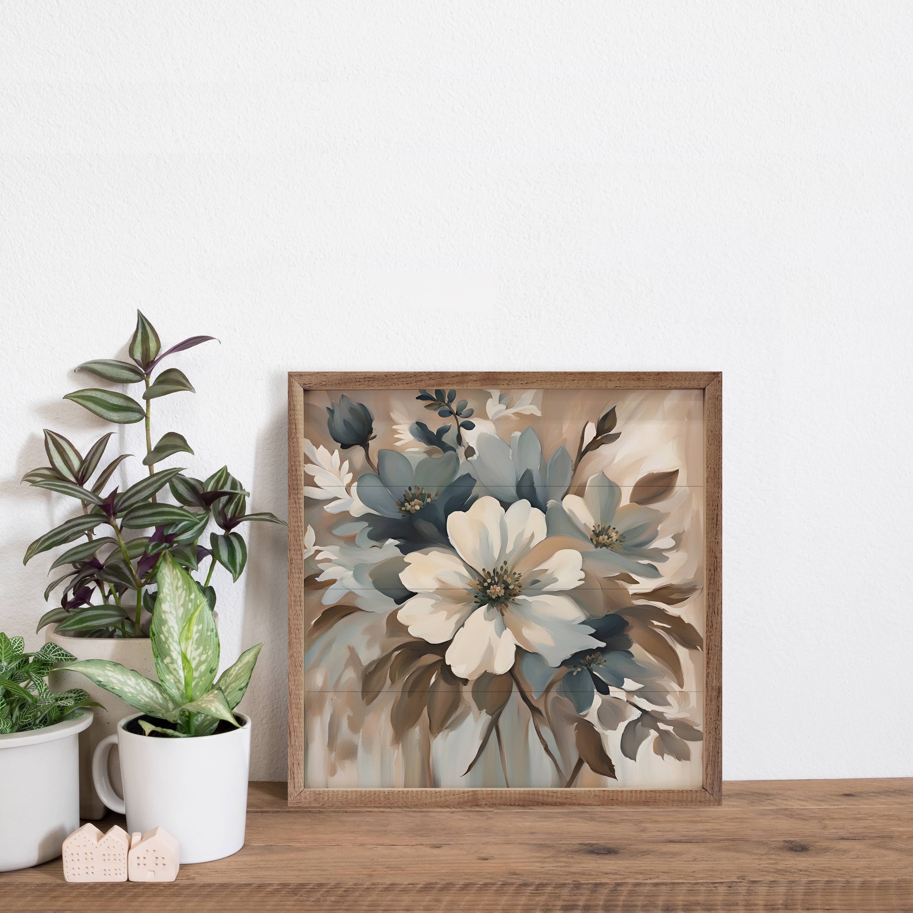 Blue And Tan Floral Display: 4 x 4 x 1