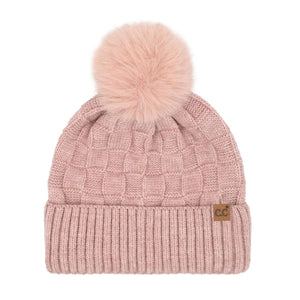 Woven Checkered Texture Pom C.C Beanie HTC0094: Beige