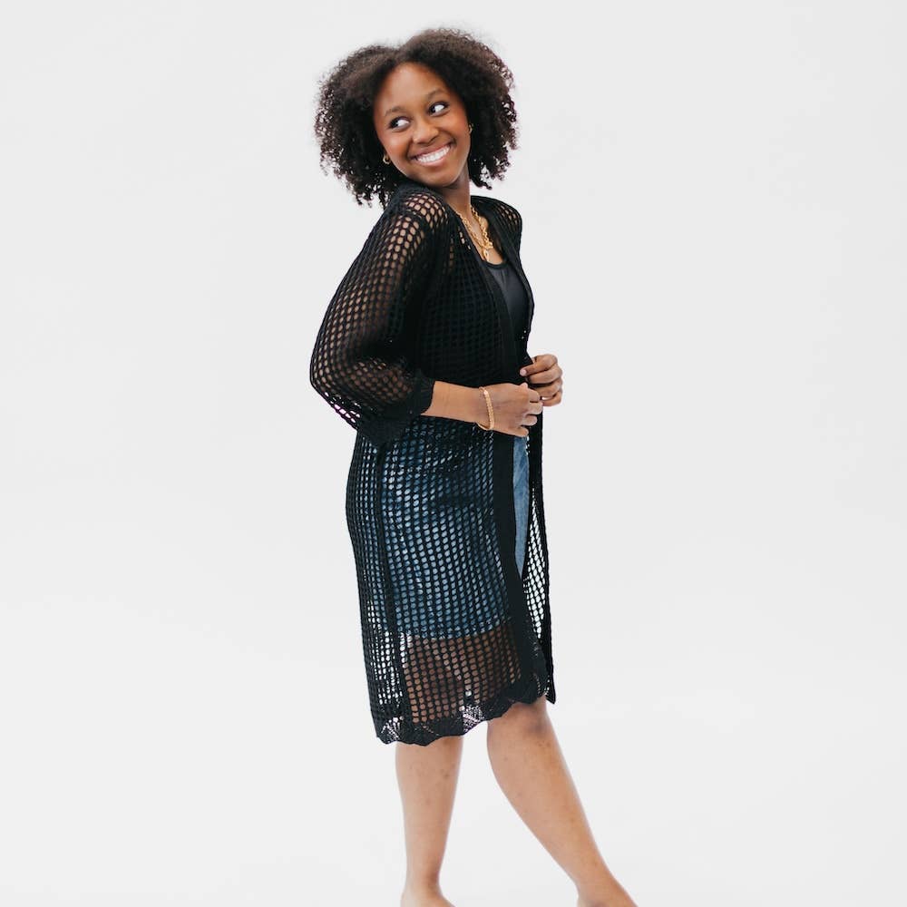 Coastal Views Crochet Tie Kimono: Black