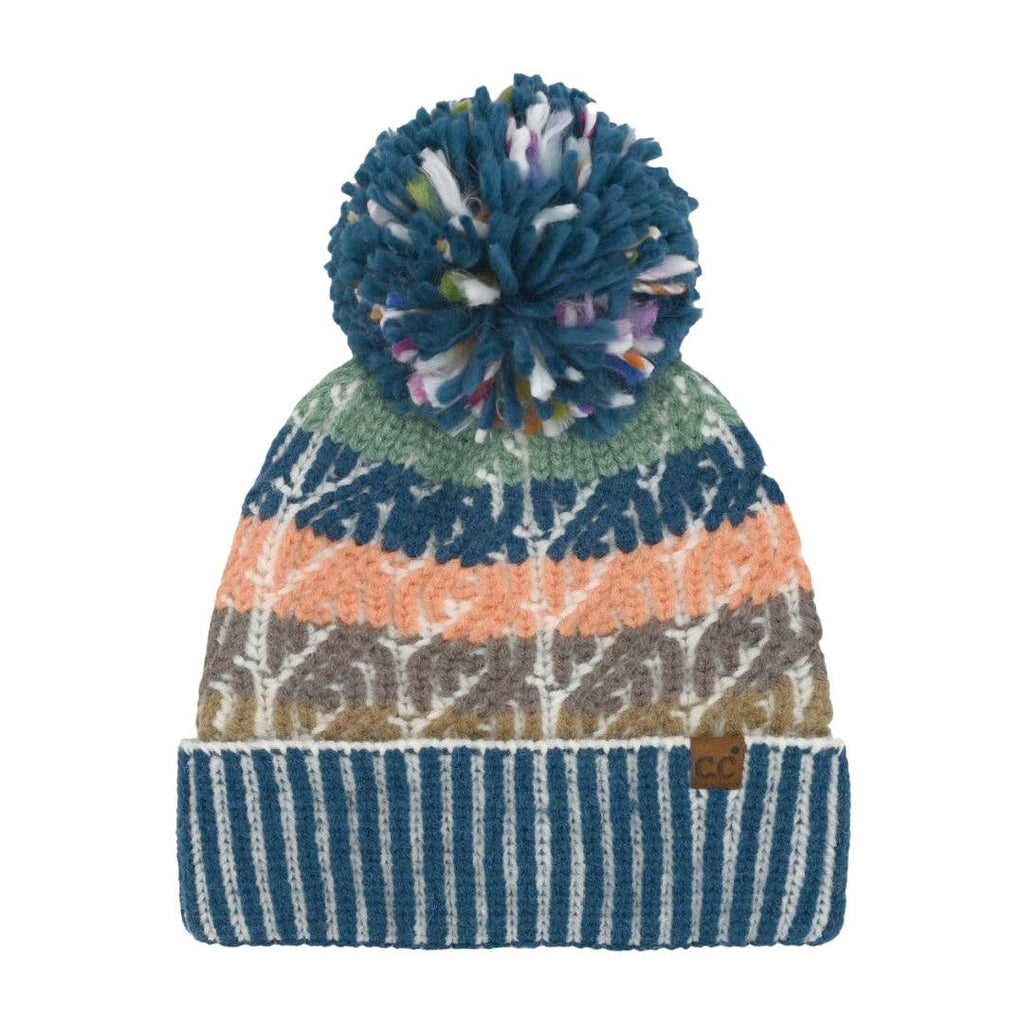 Cable Color Block Pom C.C Beanie HTC0088: Teal