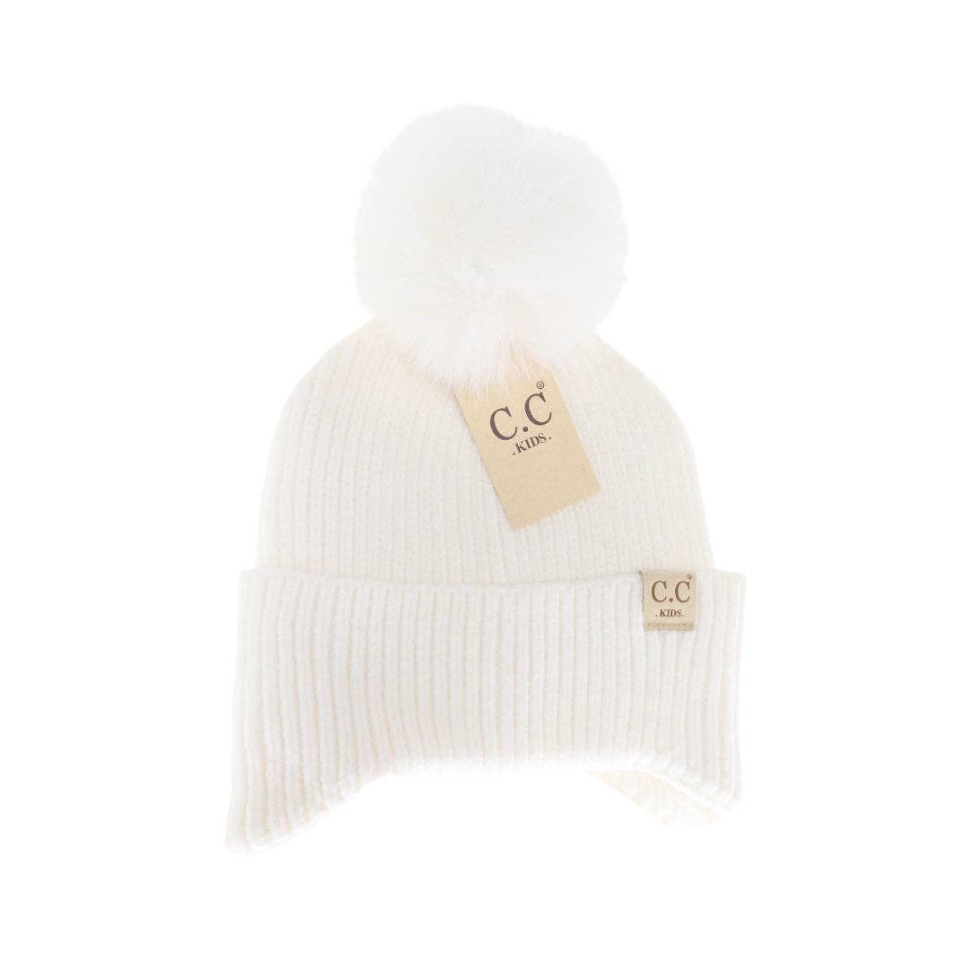 KIDS Ear Flap Double Pom C.C Beanie KDHTC0078: NEW-Sage