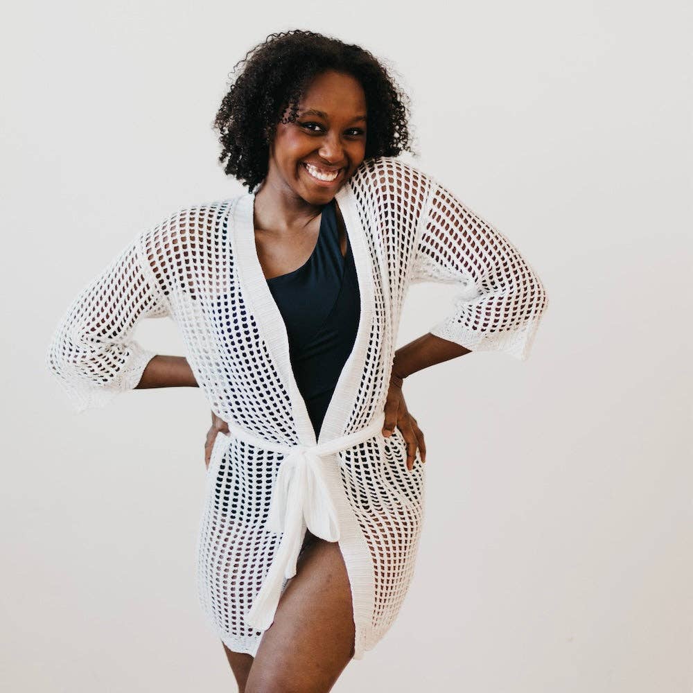 Coastal Views Crochet Tie Kimono: White