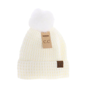 Waffle Knit Faux Fur Pom C.C Beanie HTE0032: Black