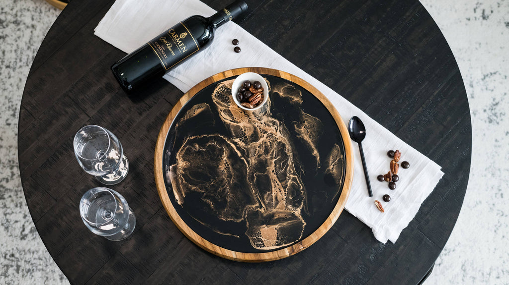 Acacia Wood and Resin Serving Tray - Lazy Susan 16": Black Ember